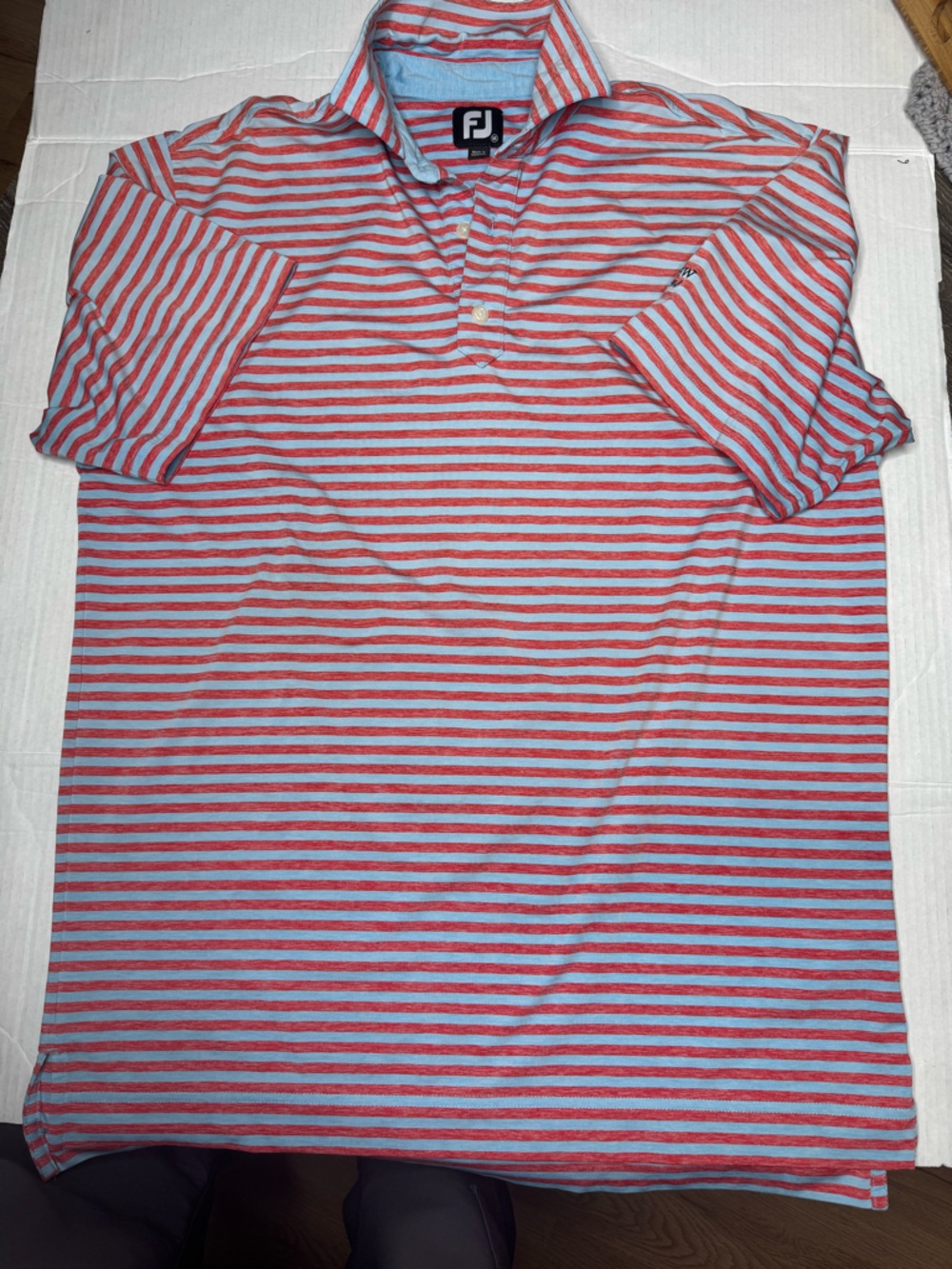 FootJoy Men's Red and Light Blue Striped Short Sleeve Polo